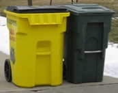 Image of residential trash canisters.